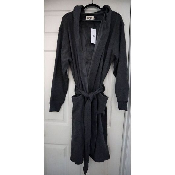 UGG Men's Sz M/L Charcoal Heather Gray Leeland Hooded Cotton Blend Robe - Picture 1 of 15